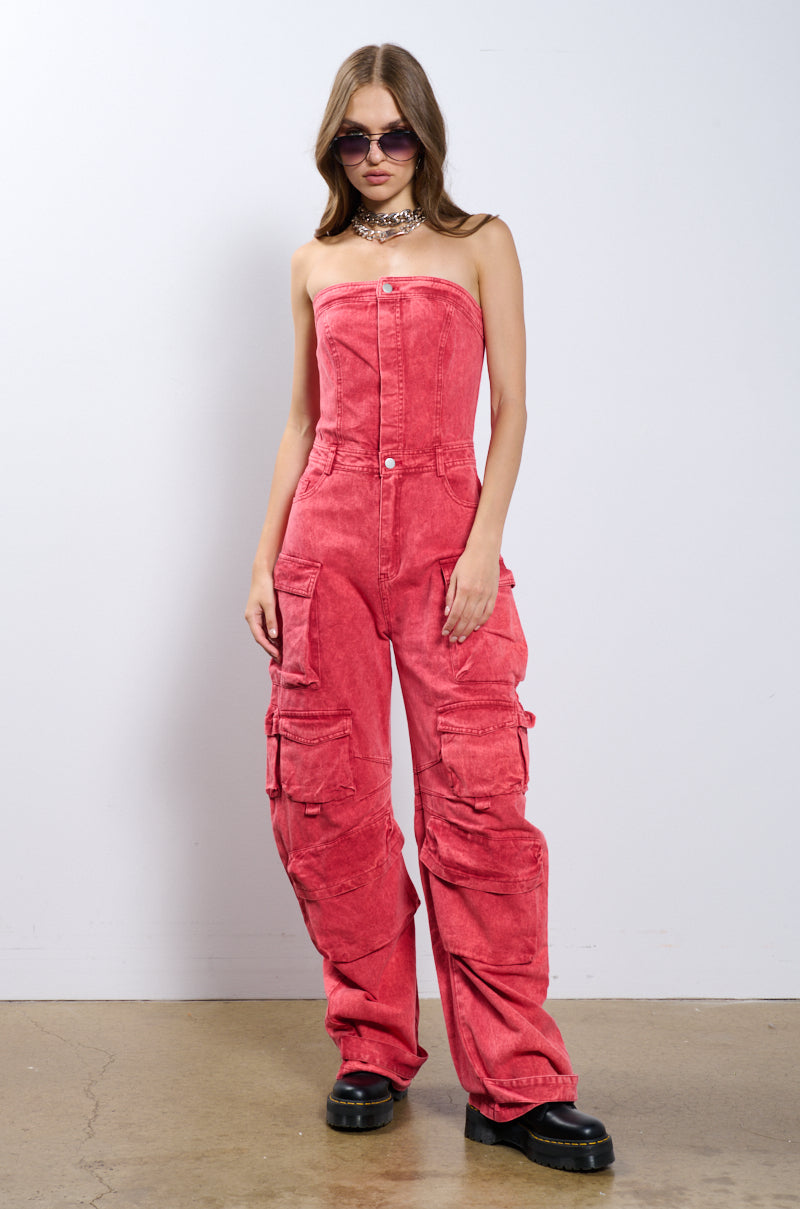 NO ONE LIKE ME CARGO DENIM JUMPSUIT IN RED