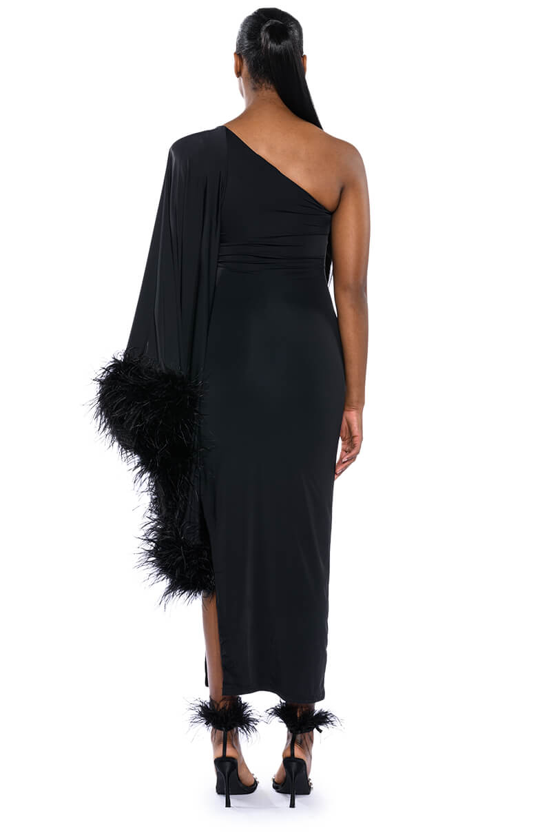 BRING THE DRAMA ONE SLEEVE FEATHER DRESS