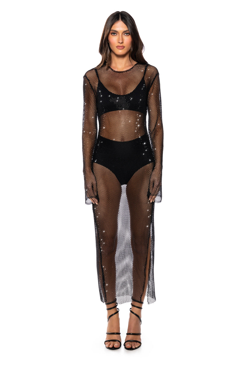 STAR OF THE NIGHT MESH LONGSLEEVE MAXI DRESS IN BLACK