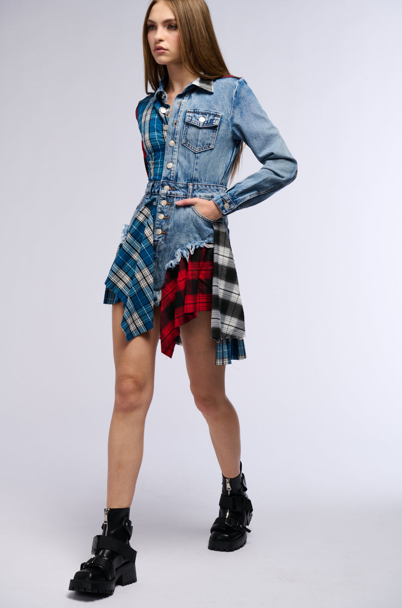 PATCHWORK PLAID DENIM MINI DRESS