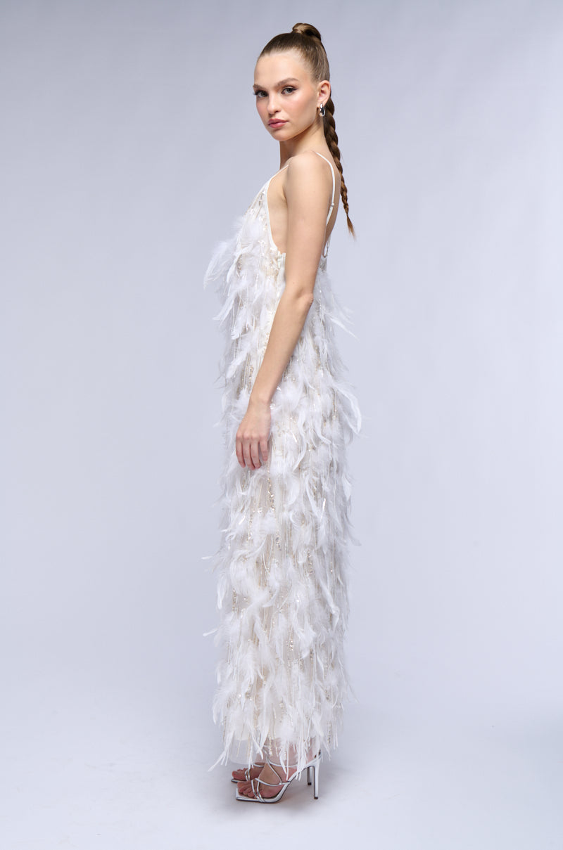 DREAM GIRL FEATHER EMBELLISHED MAXI DRESS