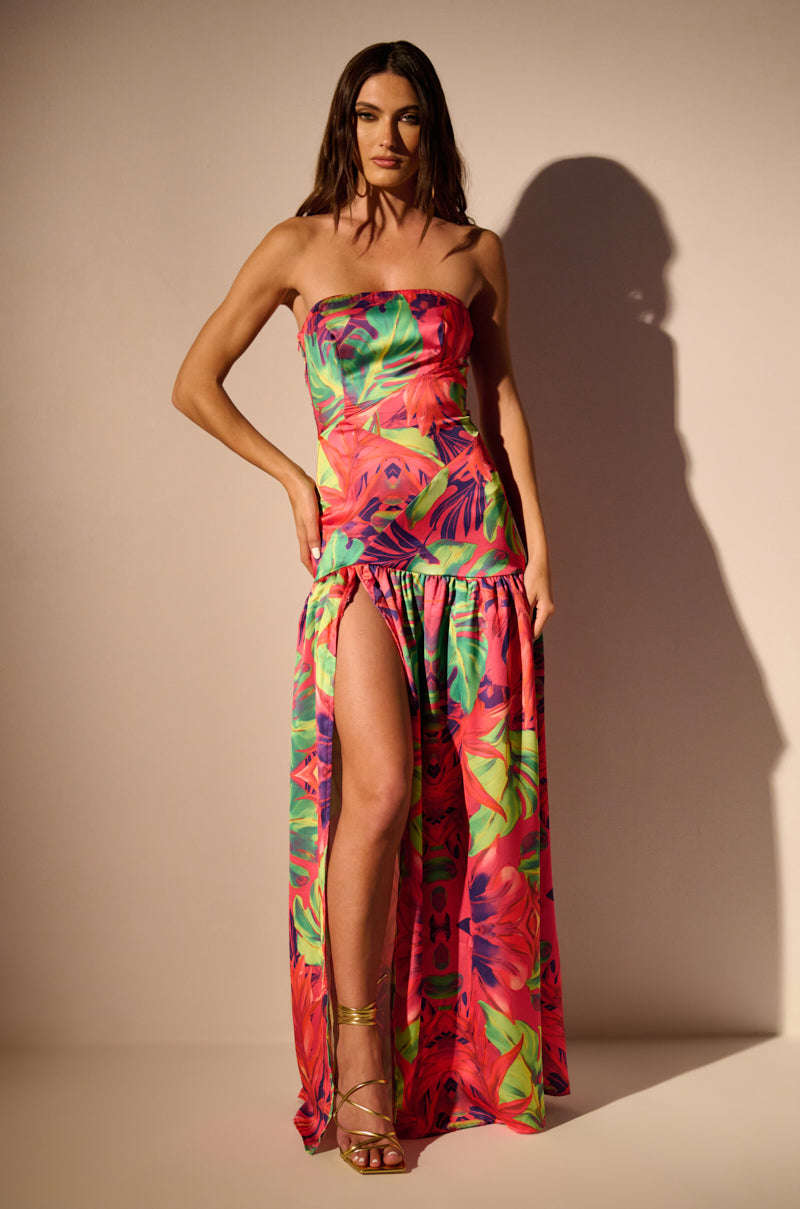 TROPICAL GETAWAY SATIN PRINTED MAXI DRESS