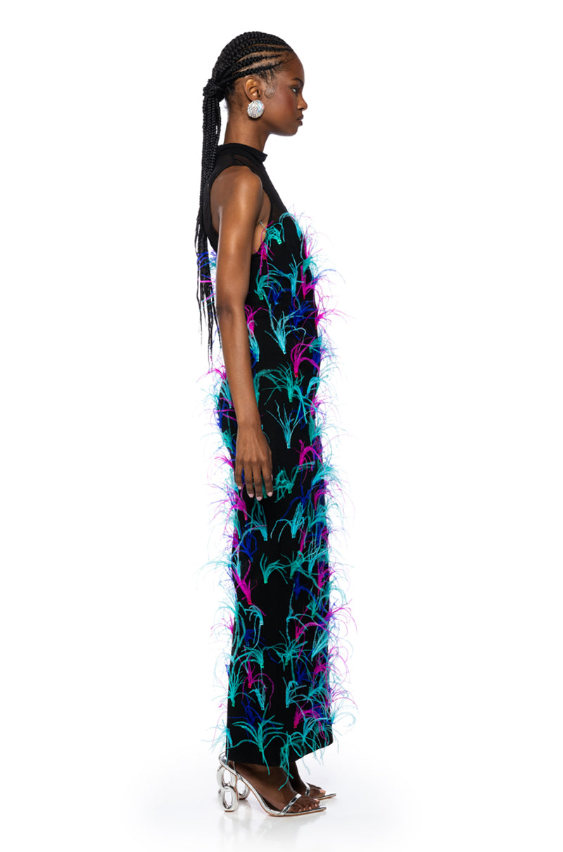 JAZZED UP FEATHER MAXI DRESS