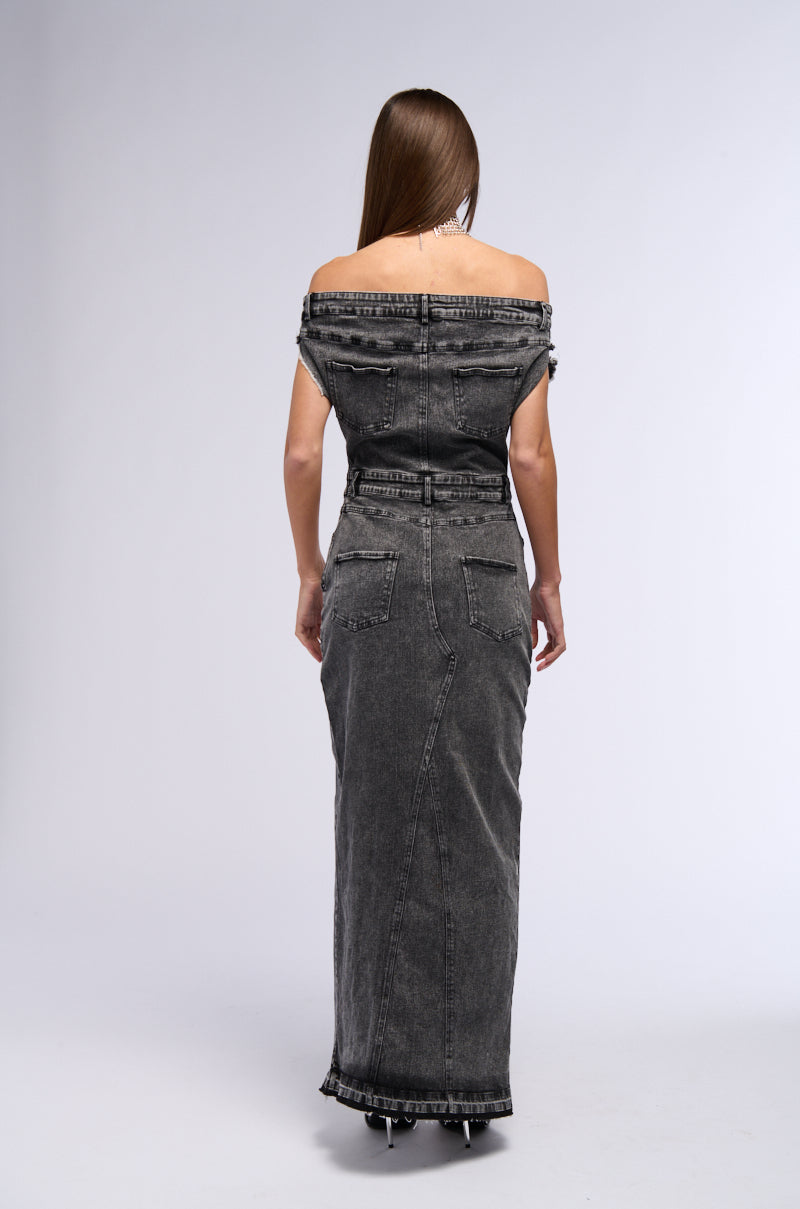 DERRIA OFF THE SHOULDER DENIM MAXI DRESS