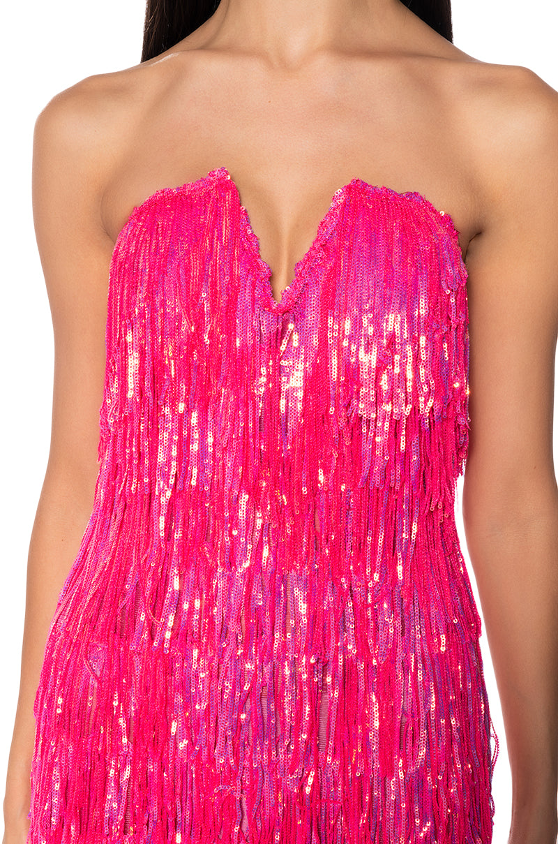 TOP OF THE WORLD STRAPLESS SEQUIN FRINGE MAXI DRESS IN FUCHSIA