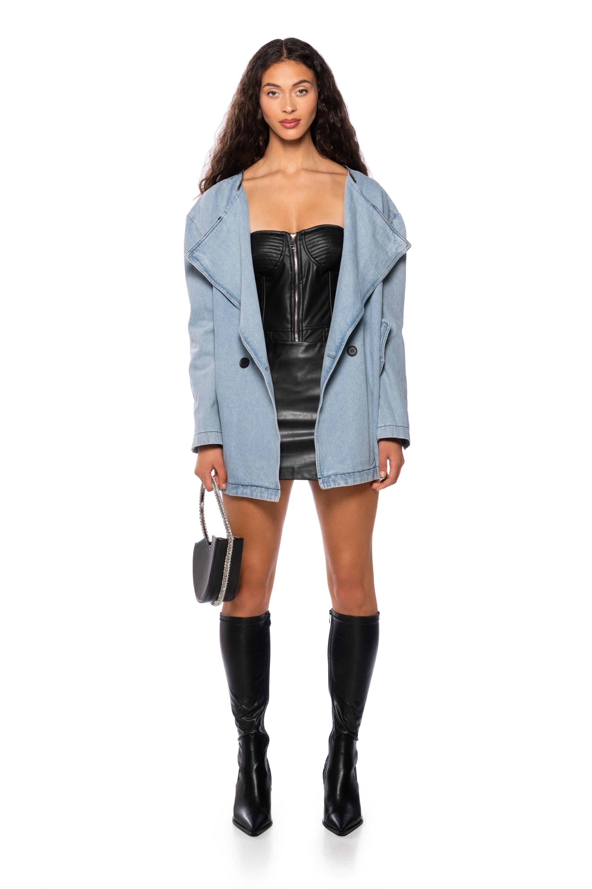 BUSINESS IN THE FRONT DENIM BLAZER MIDI DRESS