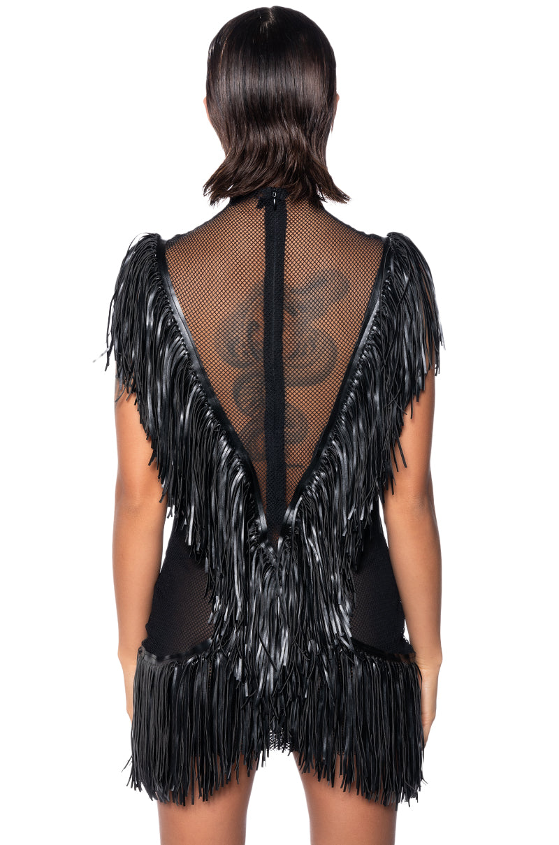 SHAKE YOUR TAIL FEATHERS FRINGE MESH MINI DRESS