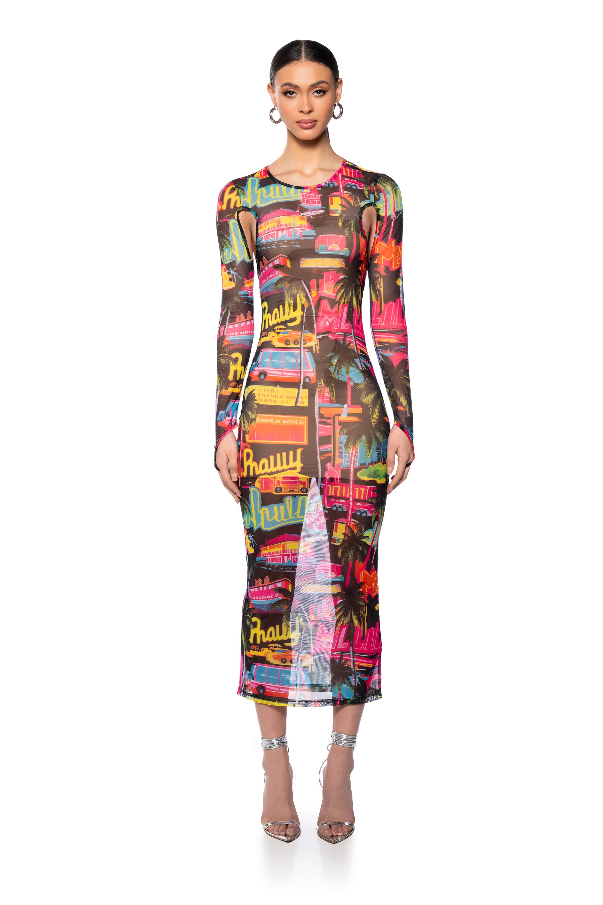 MIAMI VIBES PRINTED MESH MAXI DRESS