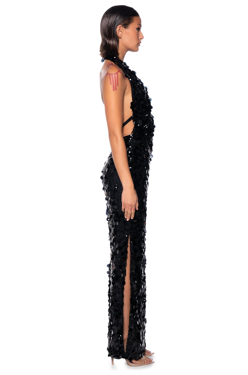 TURNING HEADS SEQUIN HALTER MAXI DRESS