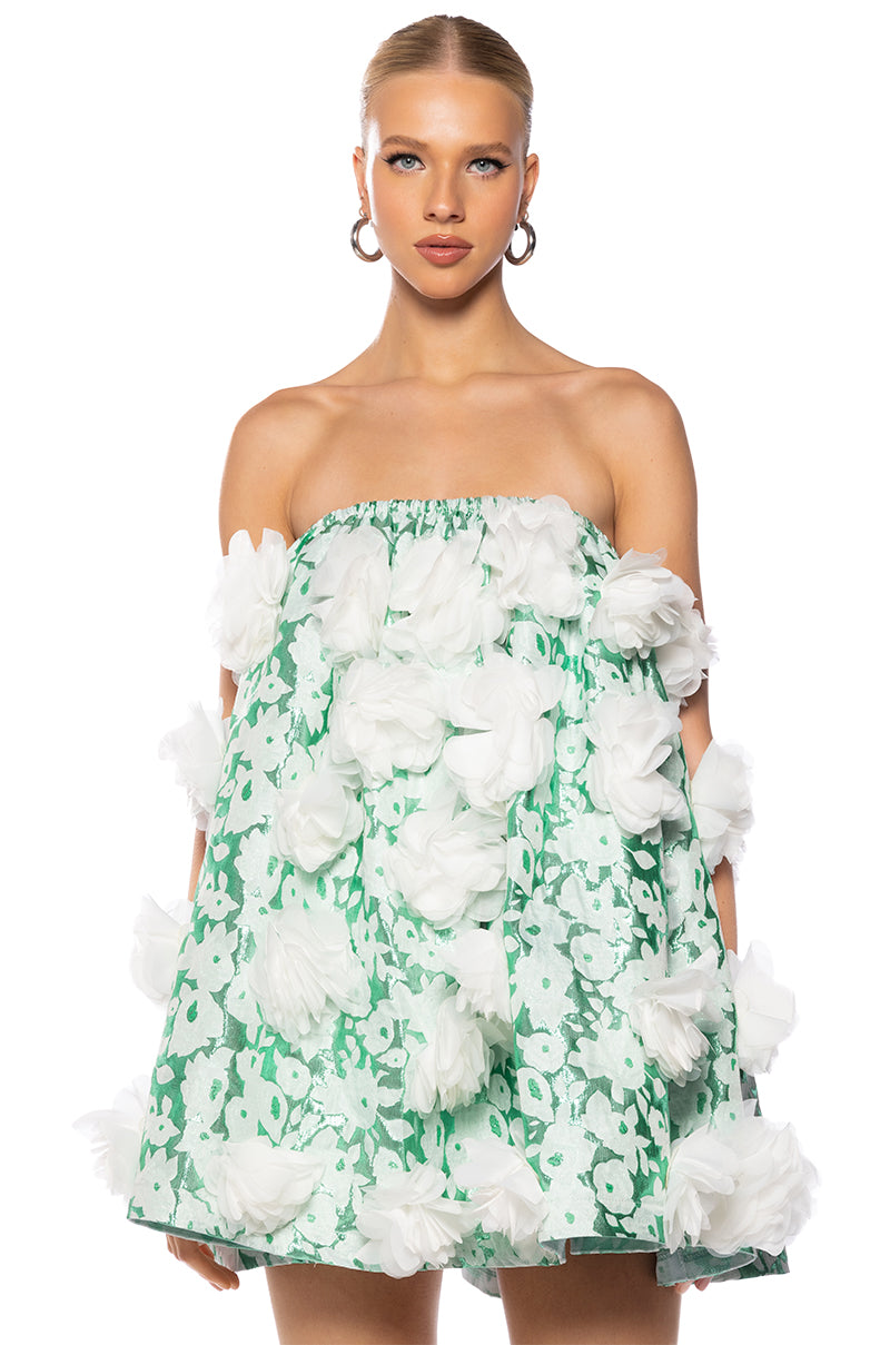 DRAMATIC FLORAL PUFF DETAIL STRAPLESS MINI DRESS