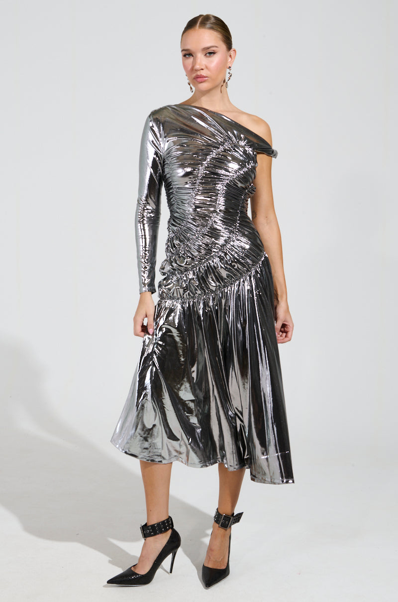 TURN BACK TIME SILVER METALLIC MIDI DRESS