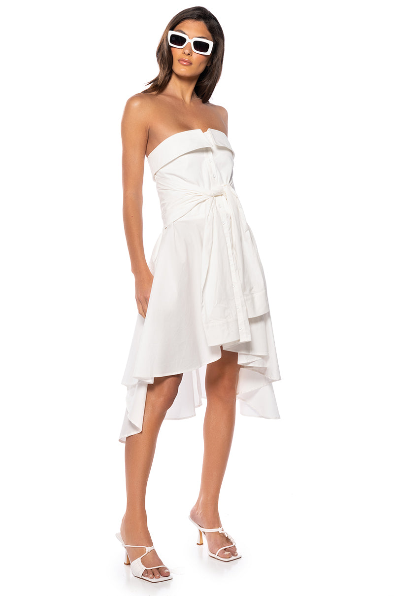 FLORA STRAPLESS TIE WAIST POPLIN MINI DRESS