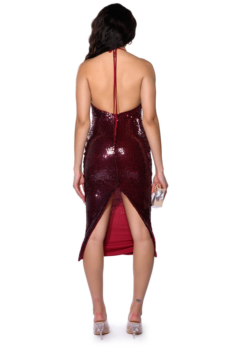 WONDERLAND SEQUIN MAXI DRESS IN BURGUNDY