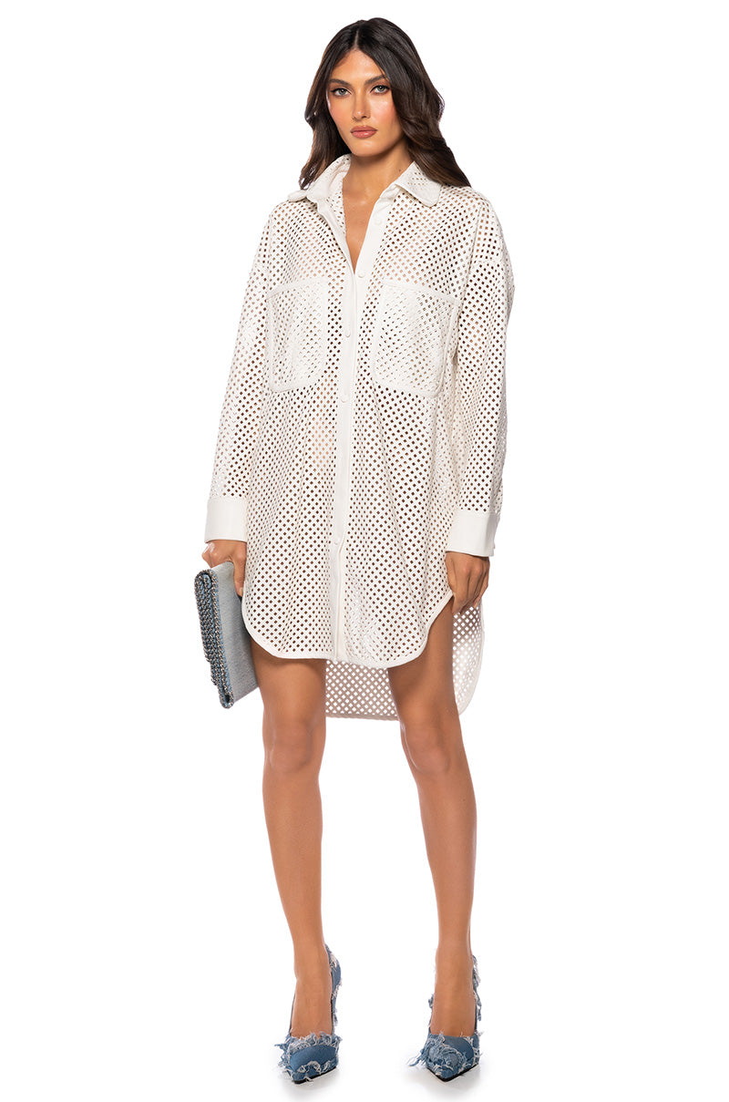 PICNIC MODE LASER CUT FAUX LEATHER BUTTON DOWN MINI DRESS IN WHITE