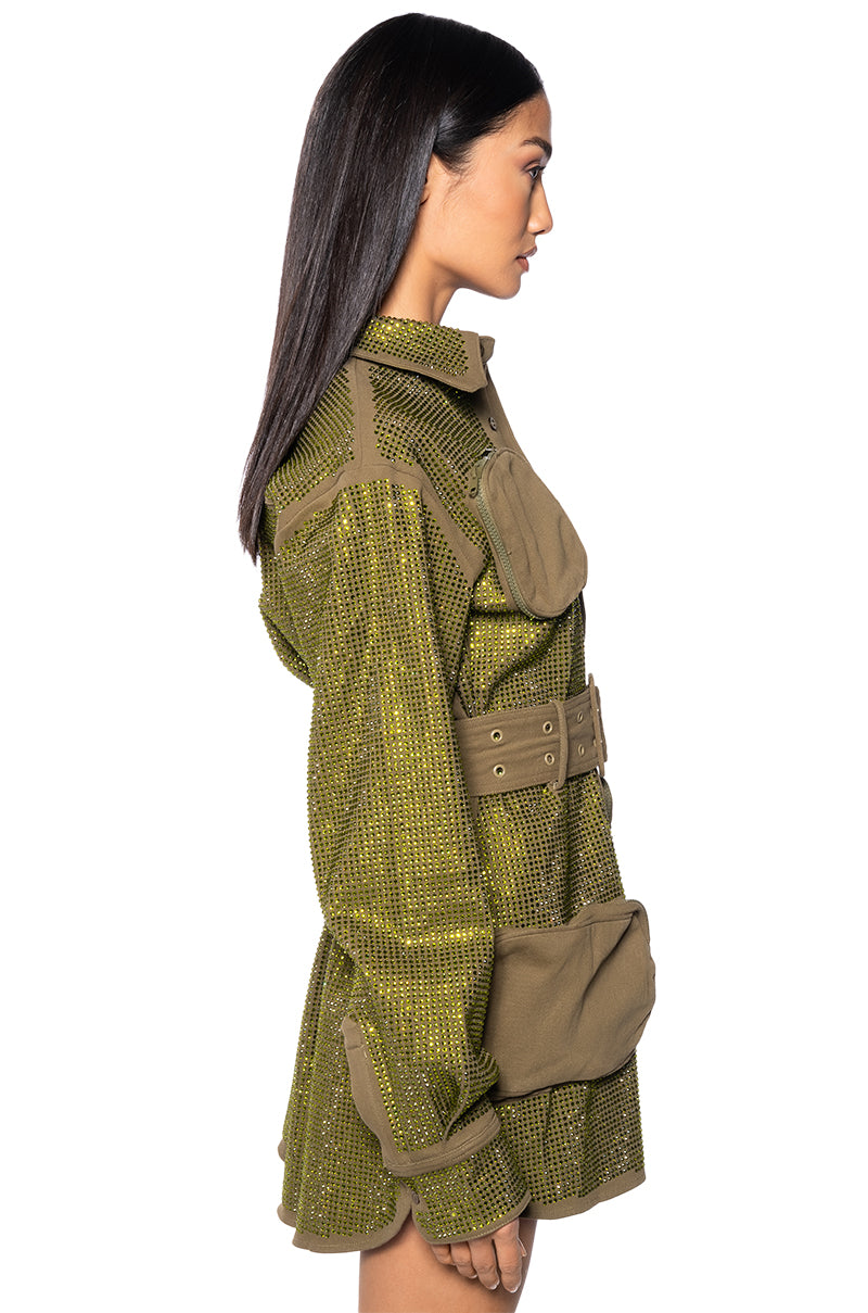 BLINGED OUT CARGO MINI DRESS