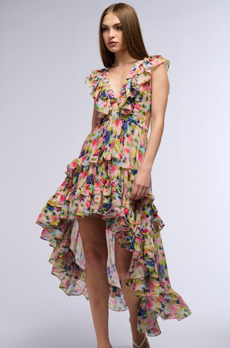 A WORK OF ART PRINTED HIGH LOW MINI DRESS