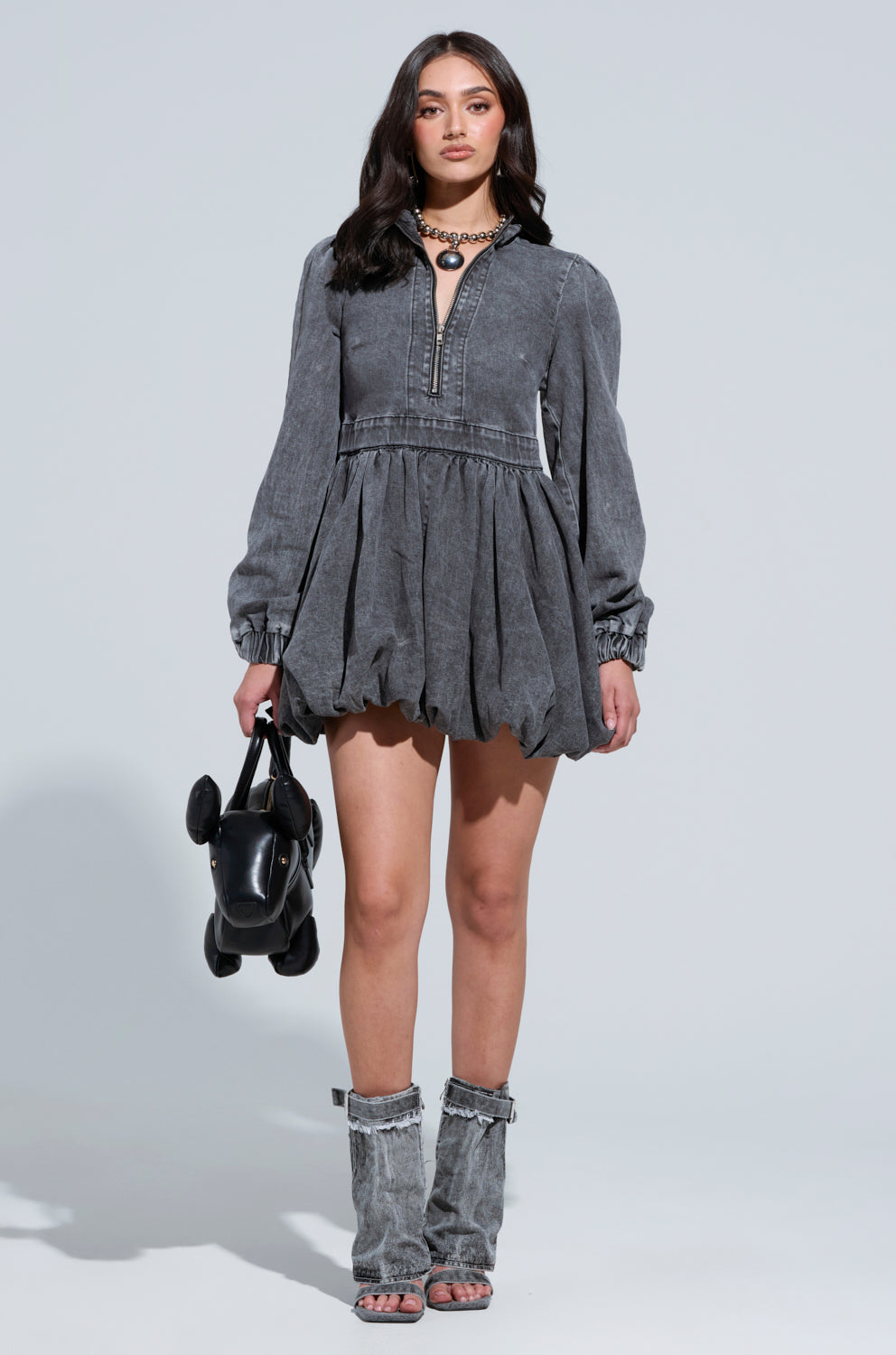 PASS THE BUBBLY DENIM MINI DRESS