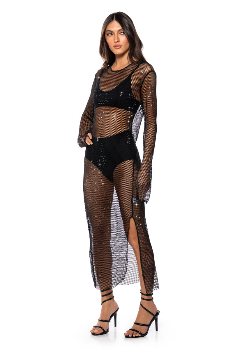STAR OF THE NIGHT MESH LONGSLEEVE MAXI DRESS IN BLACK