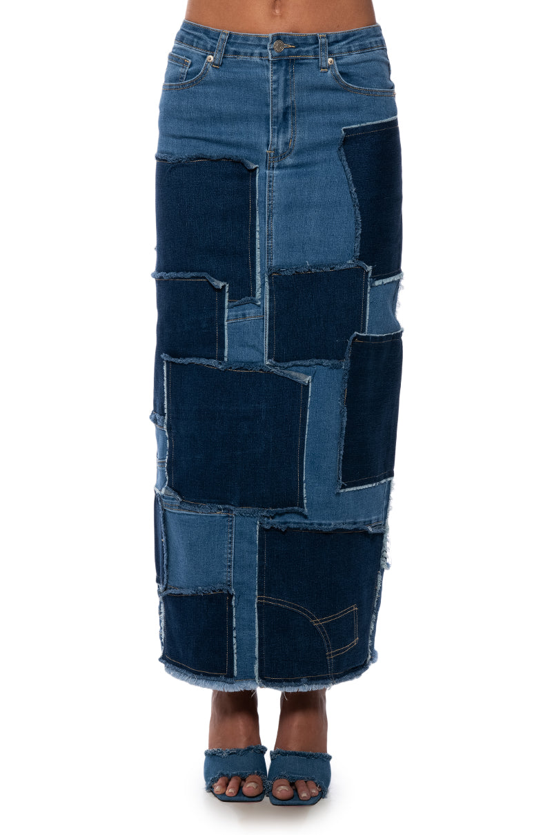 ALWAYS GOOD PATCHWORK DENIM MAXI SKIRT