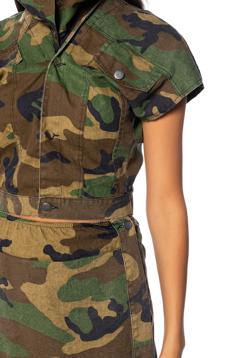 WE RIDE CAMO TOP AND SKIRT SET