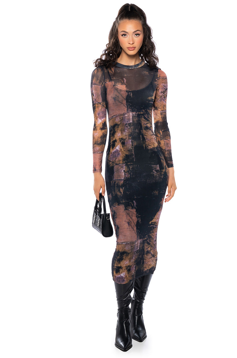 MATTY LONG SLEEVE PRINTED MESH DRESS