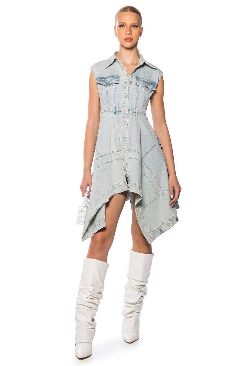 WINONA CAP SLEEVE BUTTON DOWN DENIM MIDI DRESS