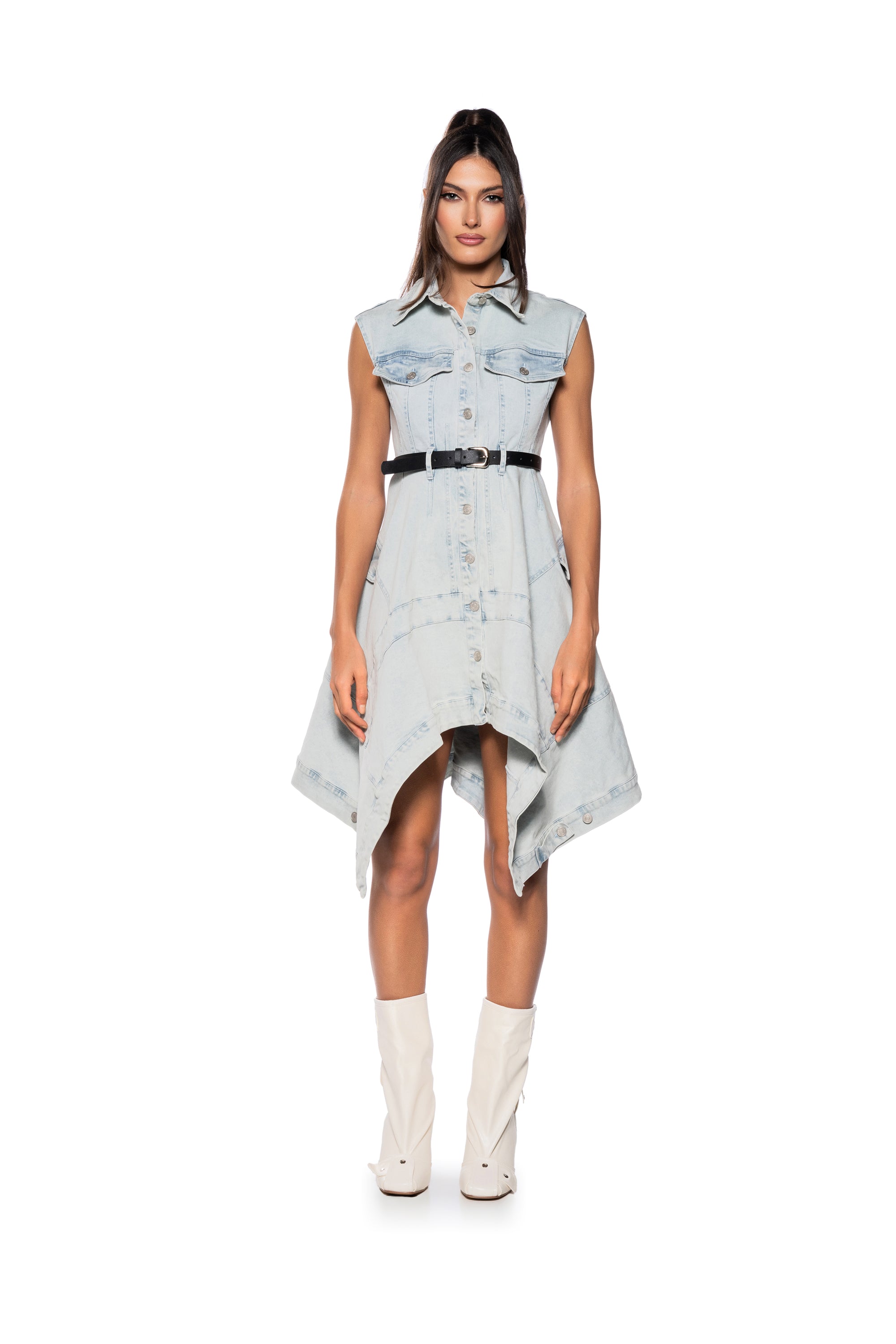 WINONA CAP SLEEVE BUTTON DOWN DENIM MIDI DRESS
