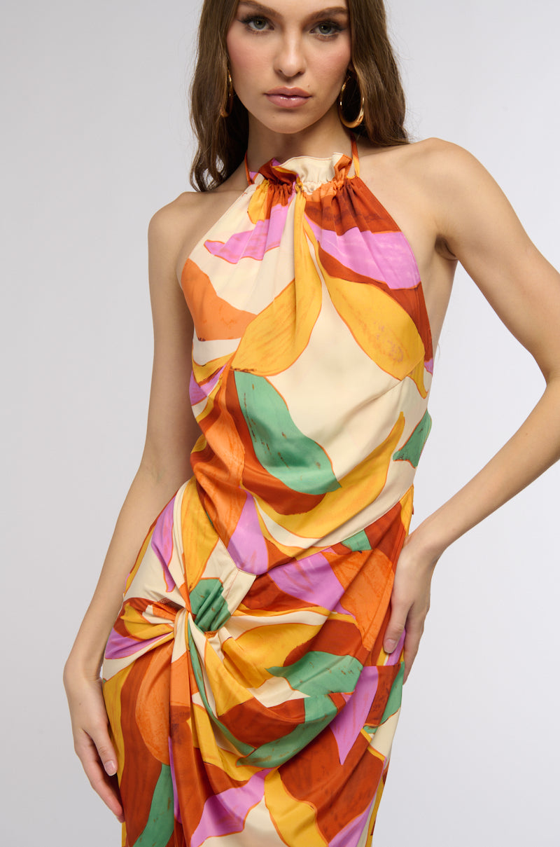 BOTANICAL BEAUTY PRINTED MIDI DRESS IN ORANGE MULTI