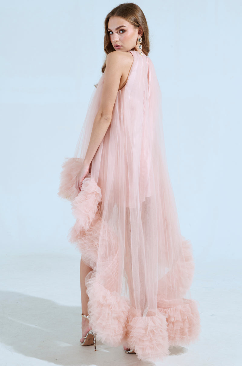 ARI TULLE RUFFLE HIGH LOW MINI DRESS IN BLUSH