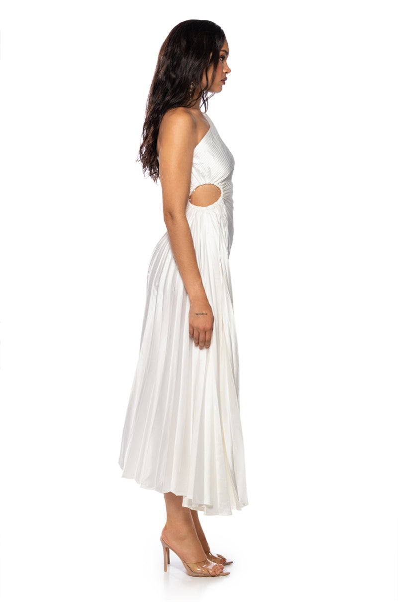 PLEATED ONE SHOULDER MIDI DRESS