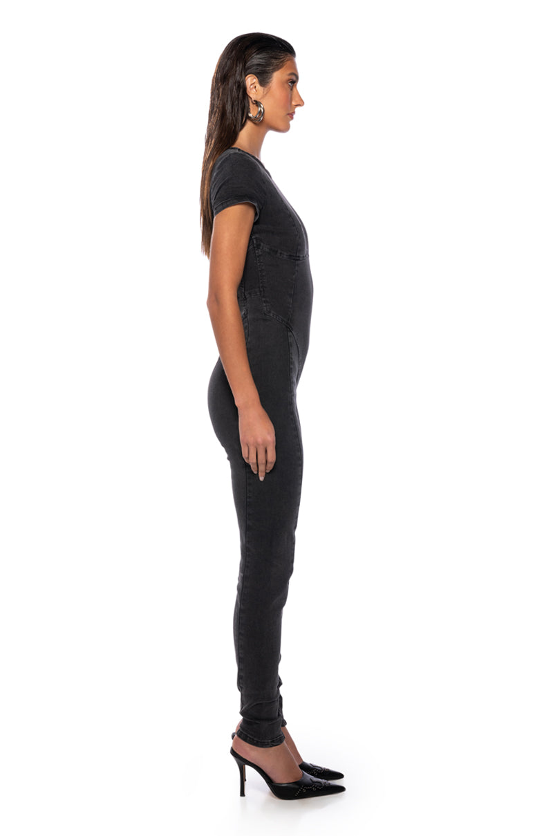 NEVER SLOWING DOWN DENIM JUMPSUIT