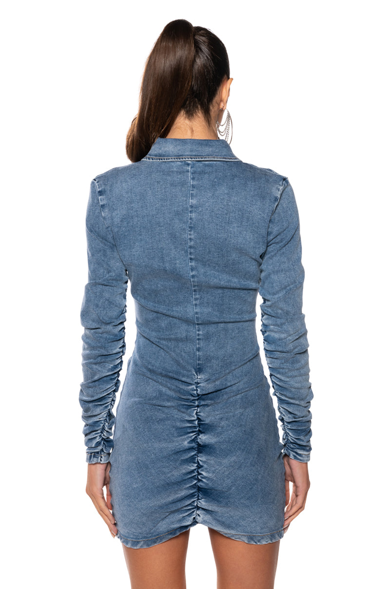 FLEX FIT RUCHED BUTTON DOWN LONG SLEEVE MINI DRESS