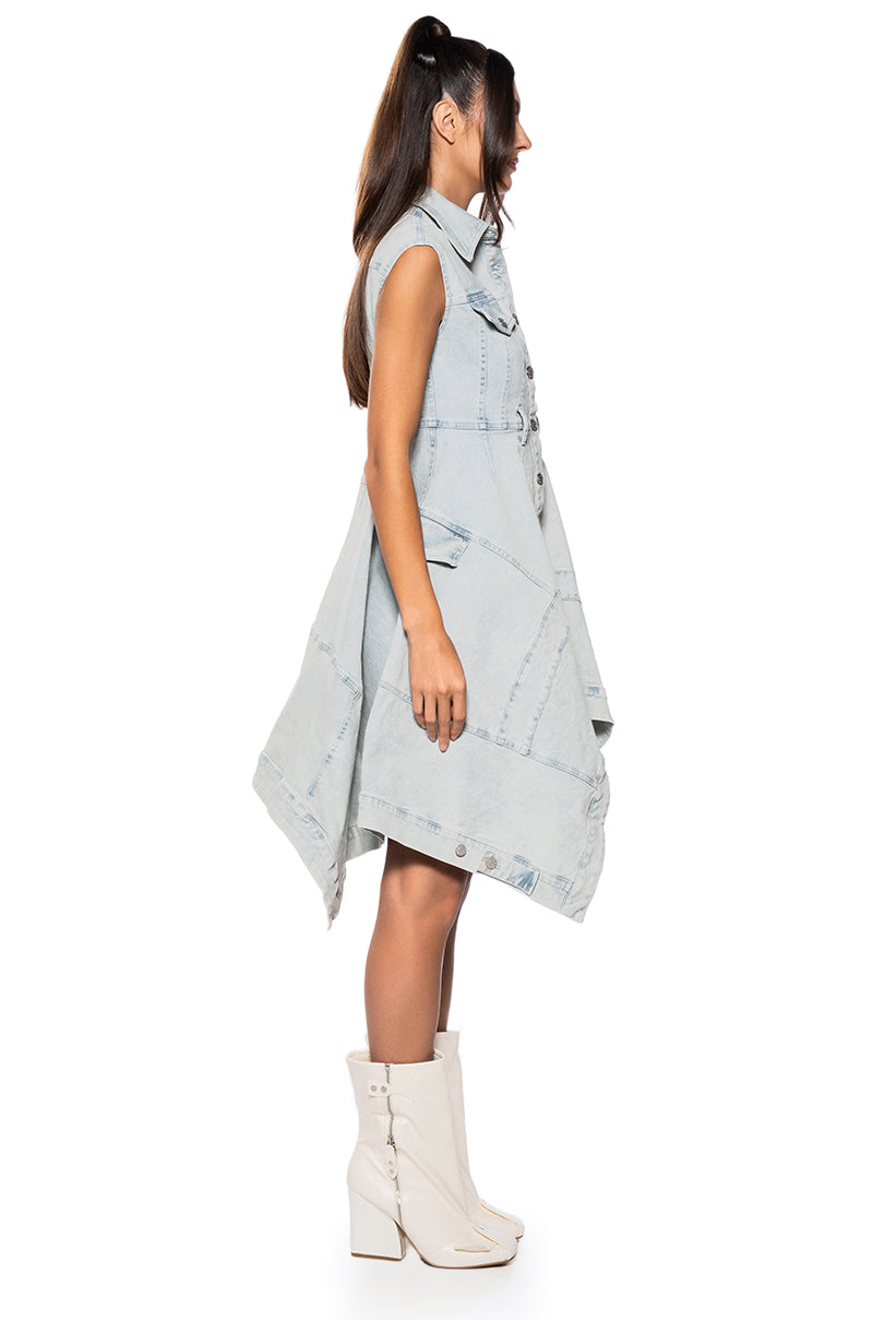 WINONA CAP SLEEVE BUTTON DOWN DENIM MIDI DRESS