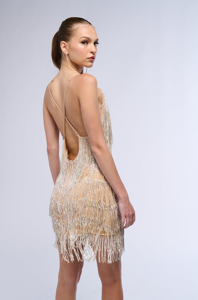 SPARKLE AND SHINE RHINESTONE FRINGE MINI DRESS