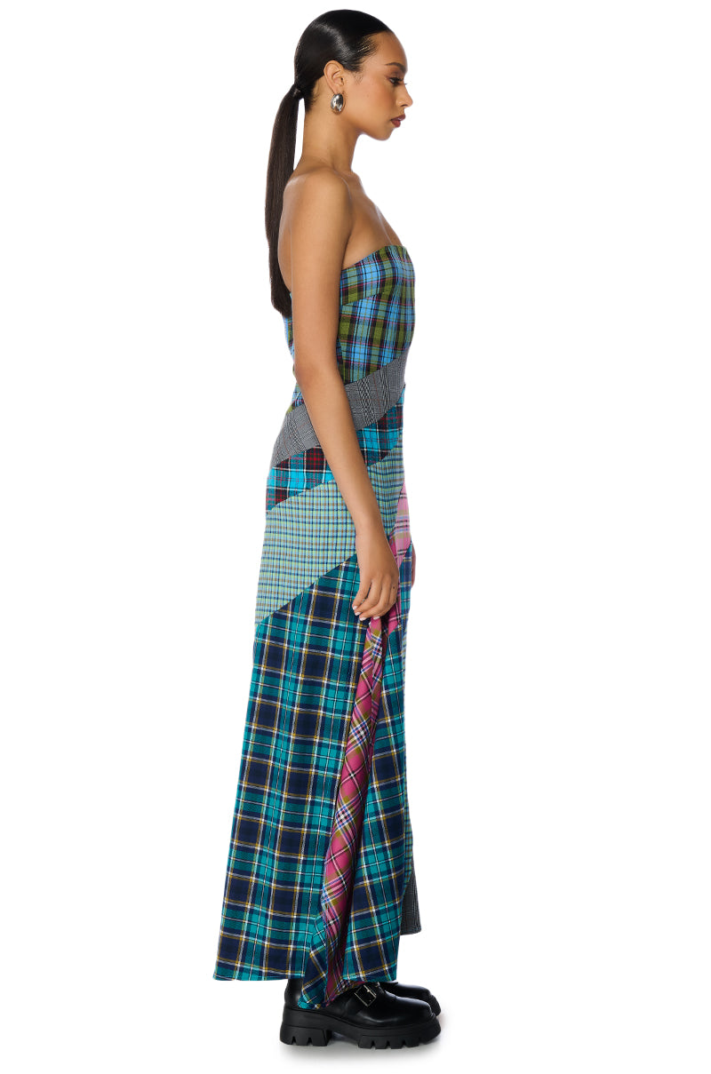 PATCHIN IT UP PLAID MAXI DRESS