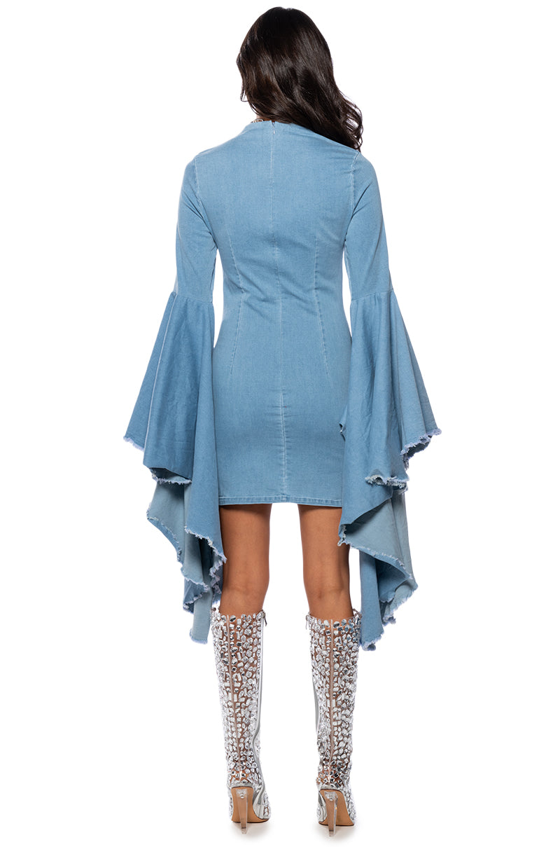 SHE'S ROYAL DENIM LONG SLEEVE MINI DRESS