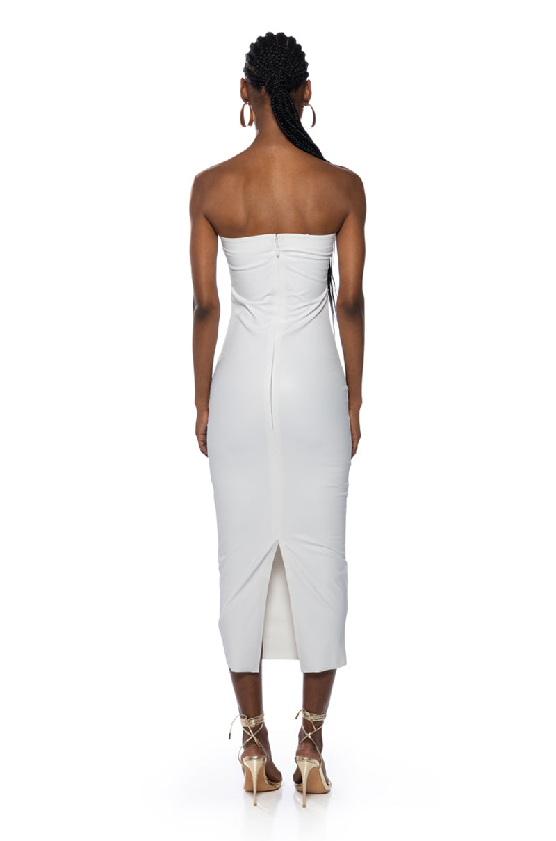 PRETTY LADY PLEATHER CUT OUT MIDI DRESS WITH 4 WAY STRETCH IN WHITE