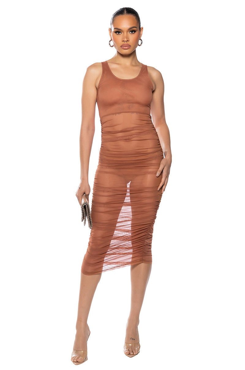 ECHO MESH RUCHED SLEEVELESS MIDI DRESS