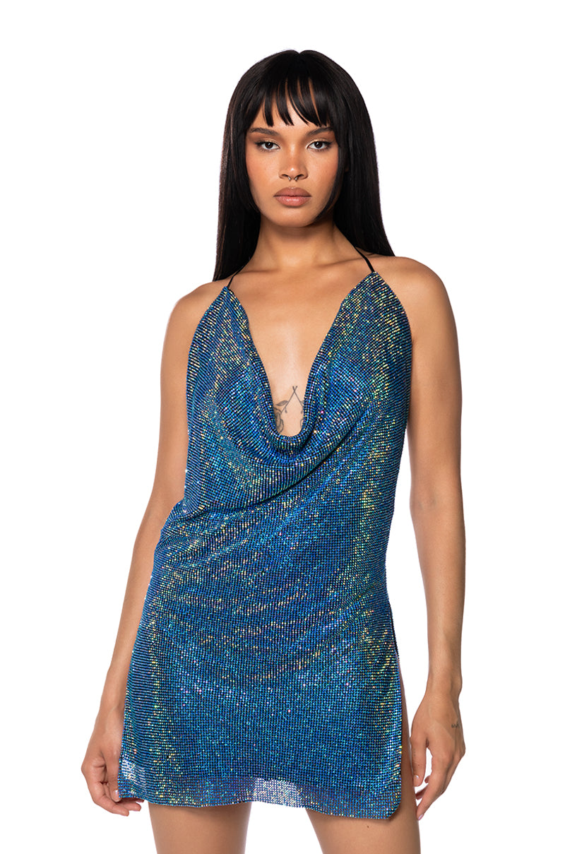 PROCEED WITH CAUTION RHINESTONE HALTER NECK DRESS
