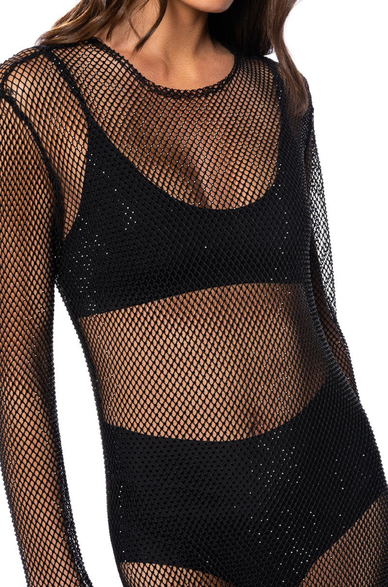 STAR OF THE NIGHT MESH LONGSLEEVE MAXI DRESS IN BLACK