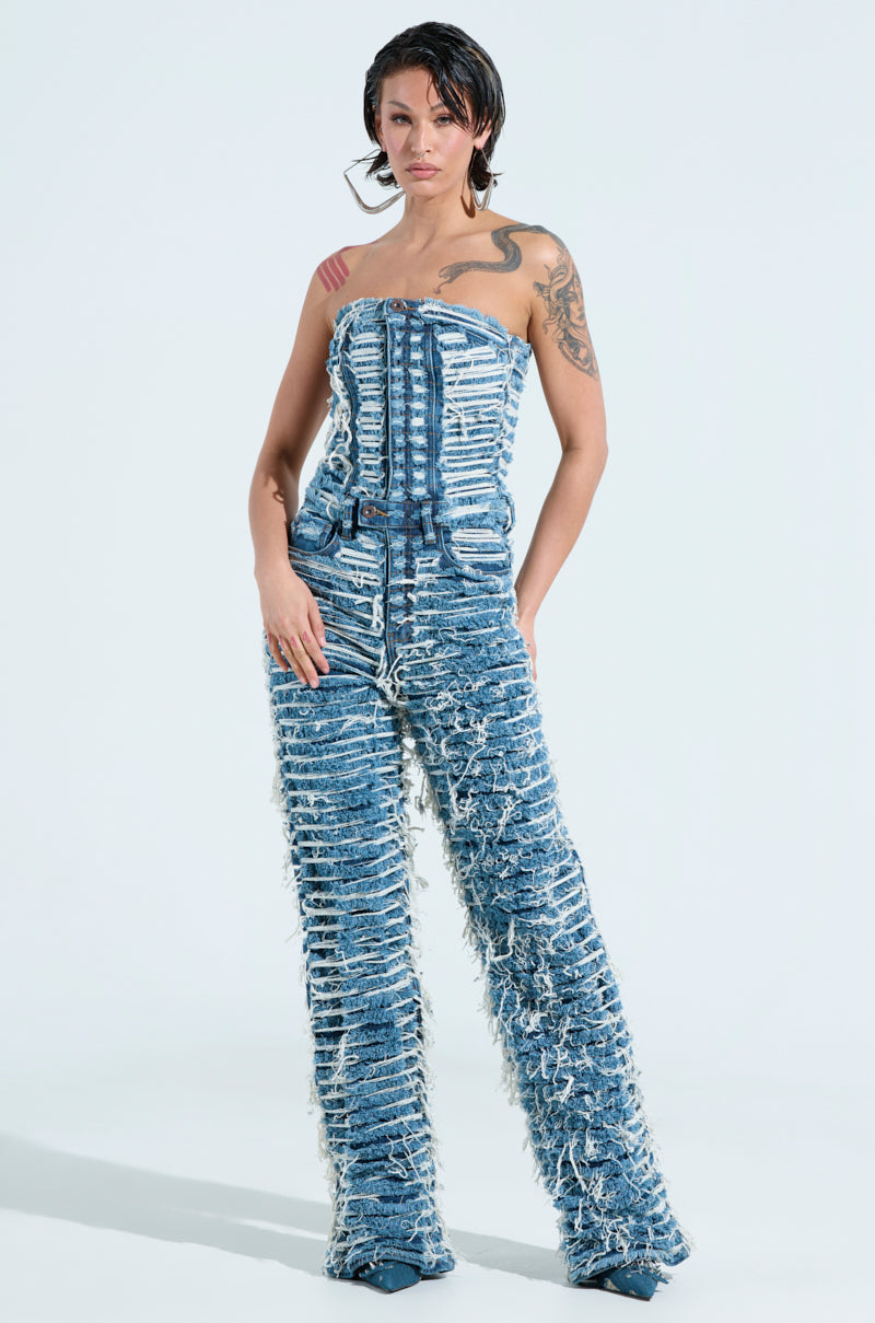 I DONT CHASE I ATTRACT DISTRESSED DARK BLUE DENIM JUMPSUIT