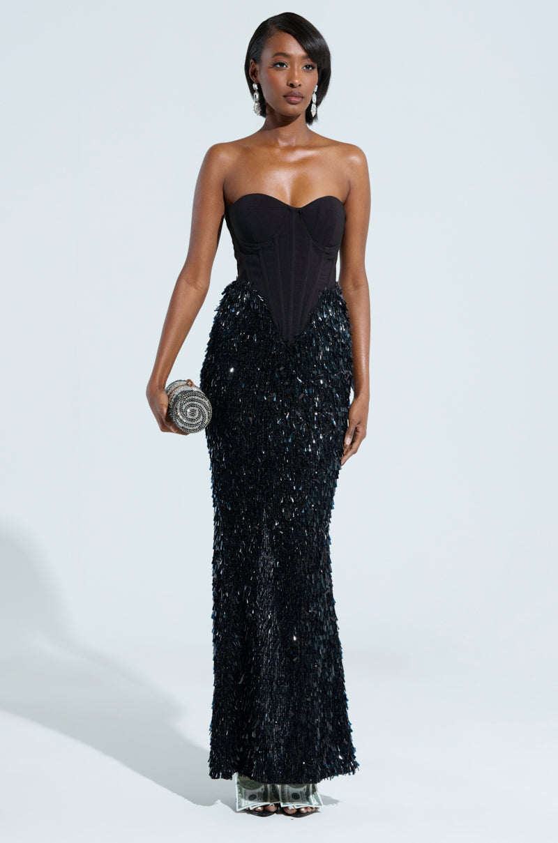 THE MAIN EVENT SEQUIN CORSET MAXI DRESS