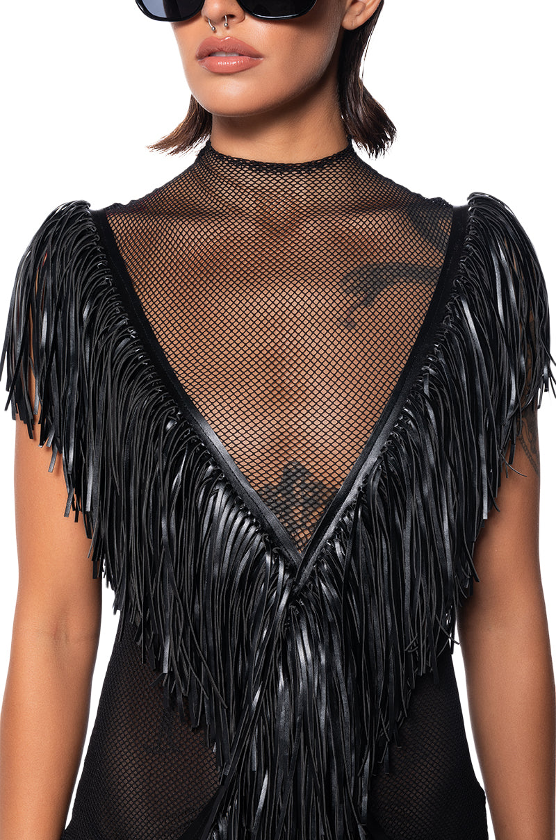 SHAKE YOUR TAIL FEATHERS FRINGE MESH MINI DRESS