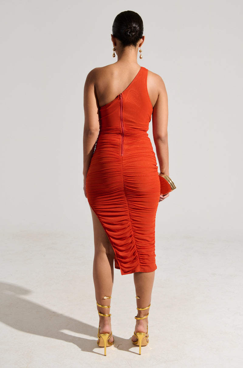 NORA CUTOUT RUCHED MIDI DRESS