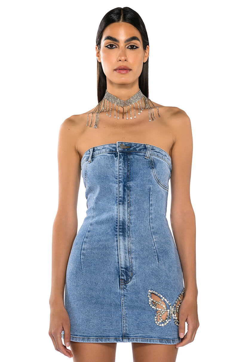 BUTTERFLY KISS EMBELLISHED DENIM MINI TUBE DRESS