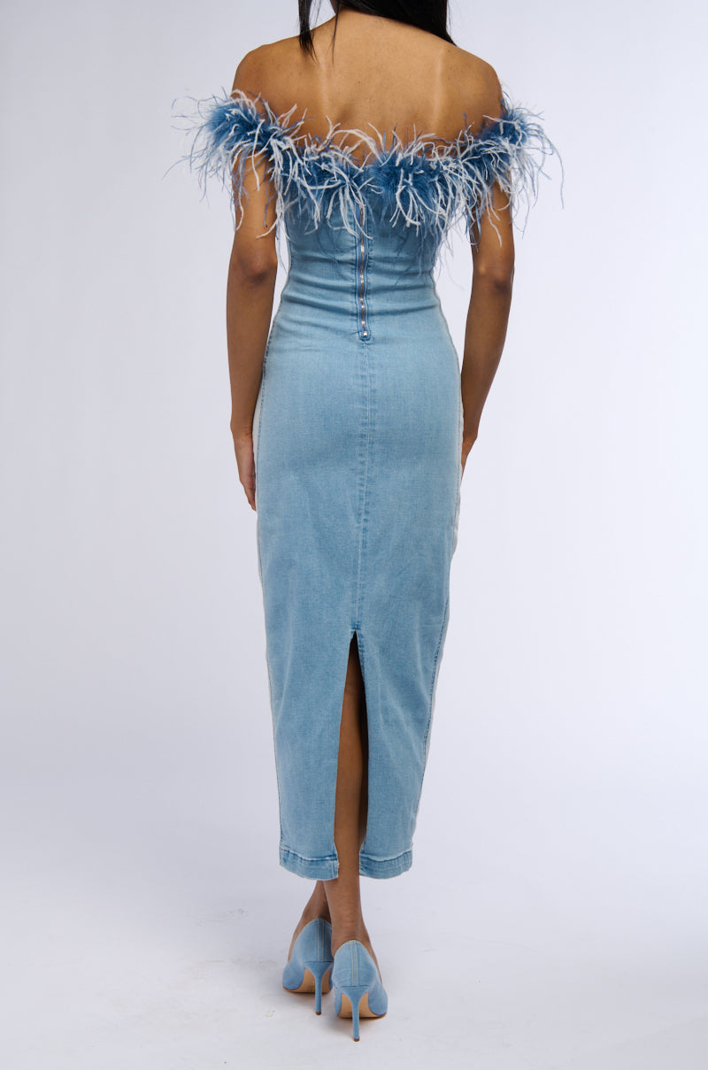 HIT THE TOWN FEATHER TRIM DENIM MAXI DRESS