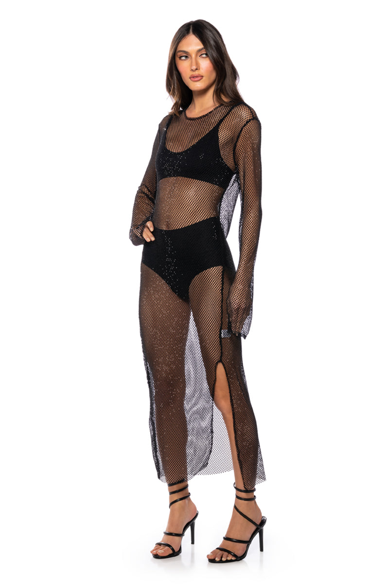 STAR OF THE NIGHT MESH LONGSLEEVE MAXI DRESS IN BLACK