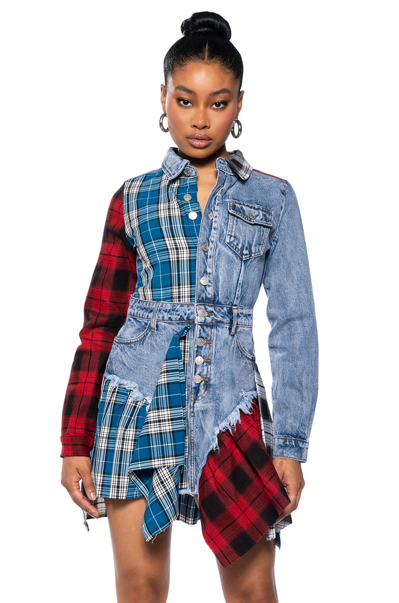 PATCHWORK PLAID DENIM MINI DRESS