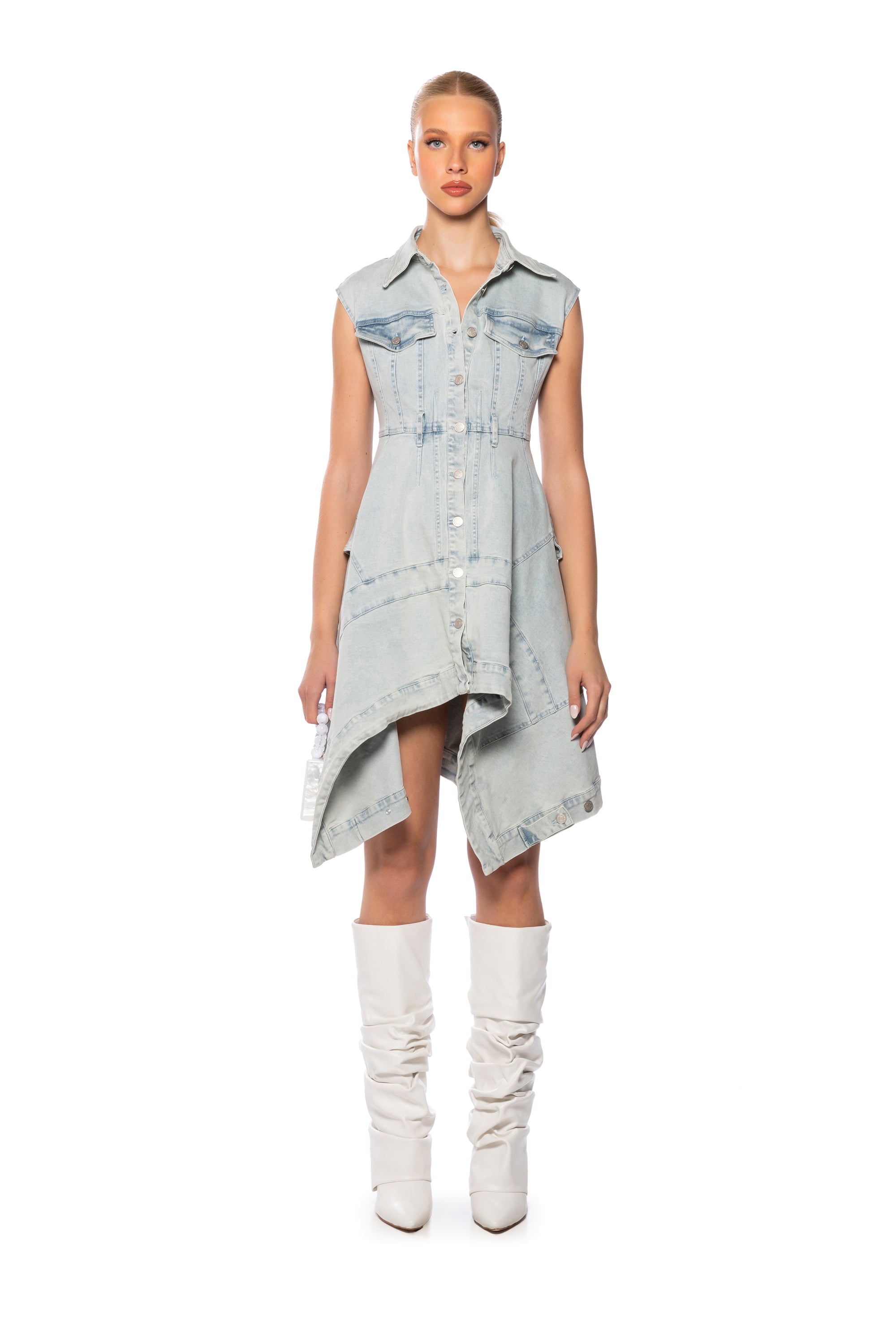 WINONA CAP SLEEVE BUTTON DOWN DENIM MIDI DRESS