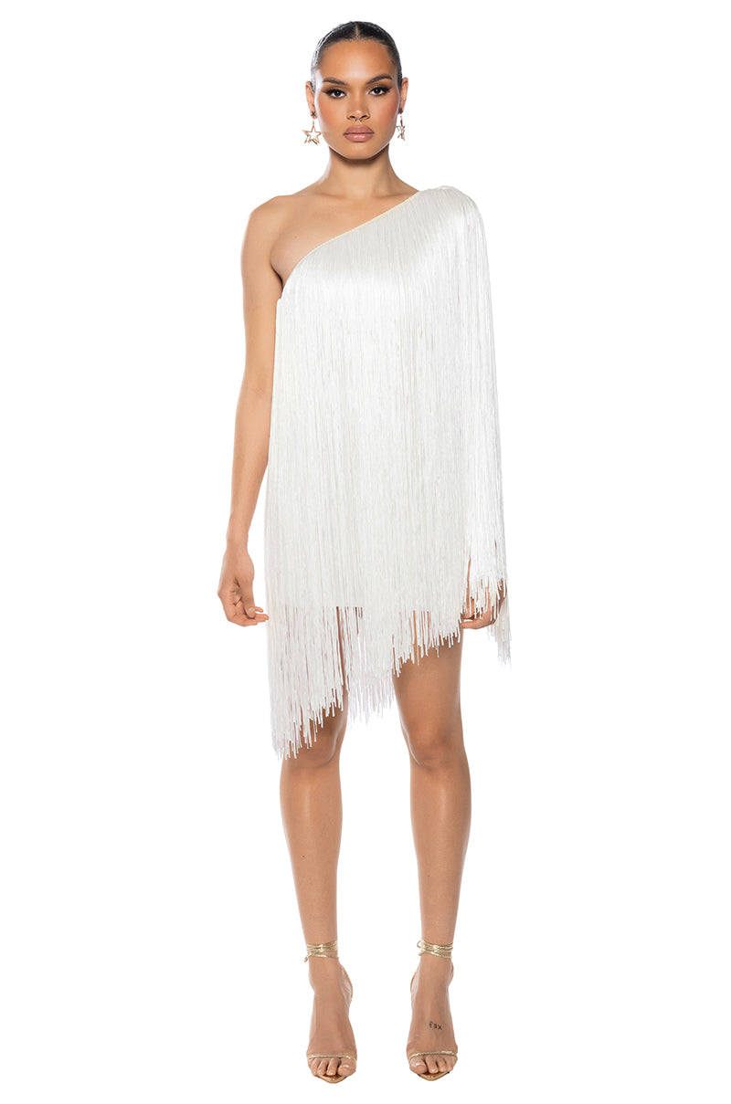 ZASHA ONE SHOULDER BANDAGE WITH FRINGE MINI DRESS